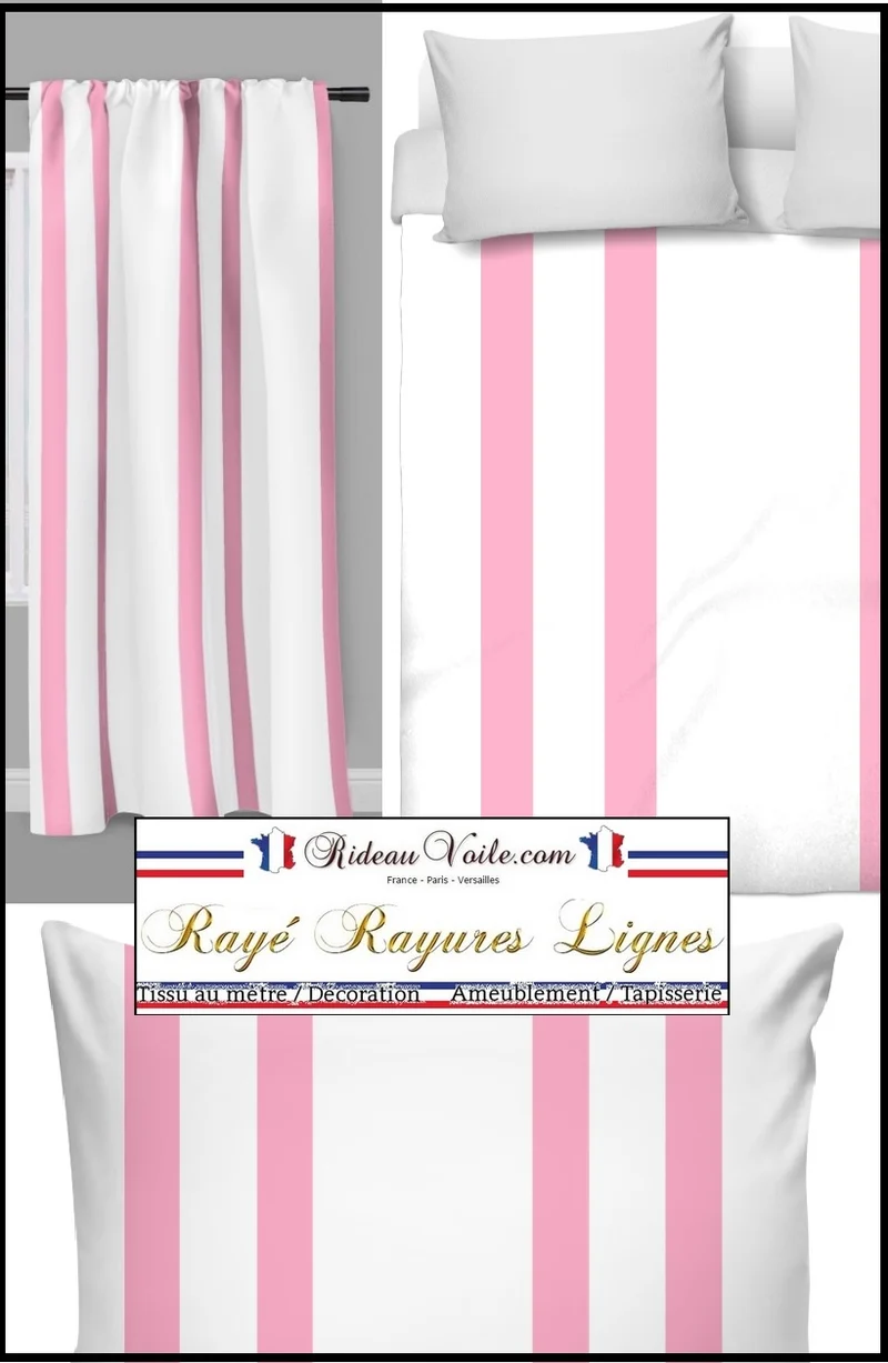 Tissu ameublement velours coton rayé motif rayures ligne rose au mètre rideau couette