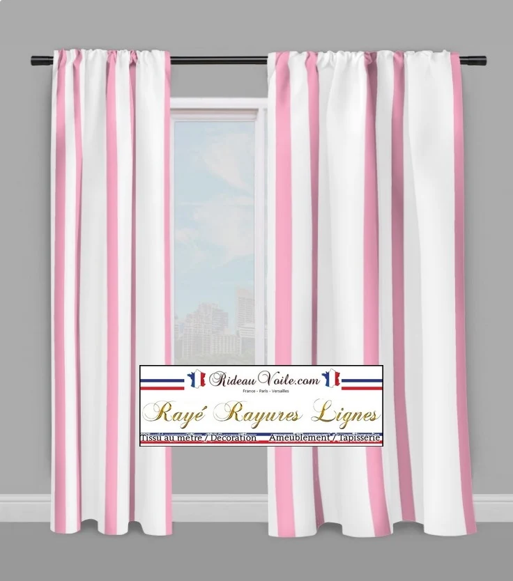 Tissu ameublement velours coton rayé motif rayures ligne rose au mètre rideau couette