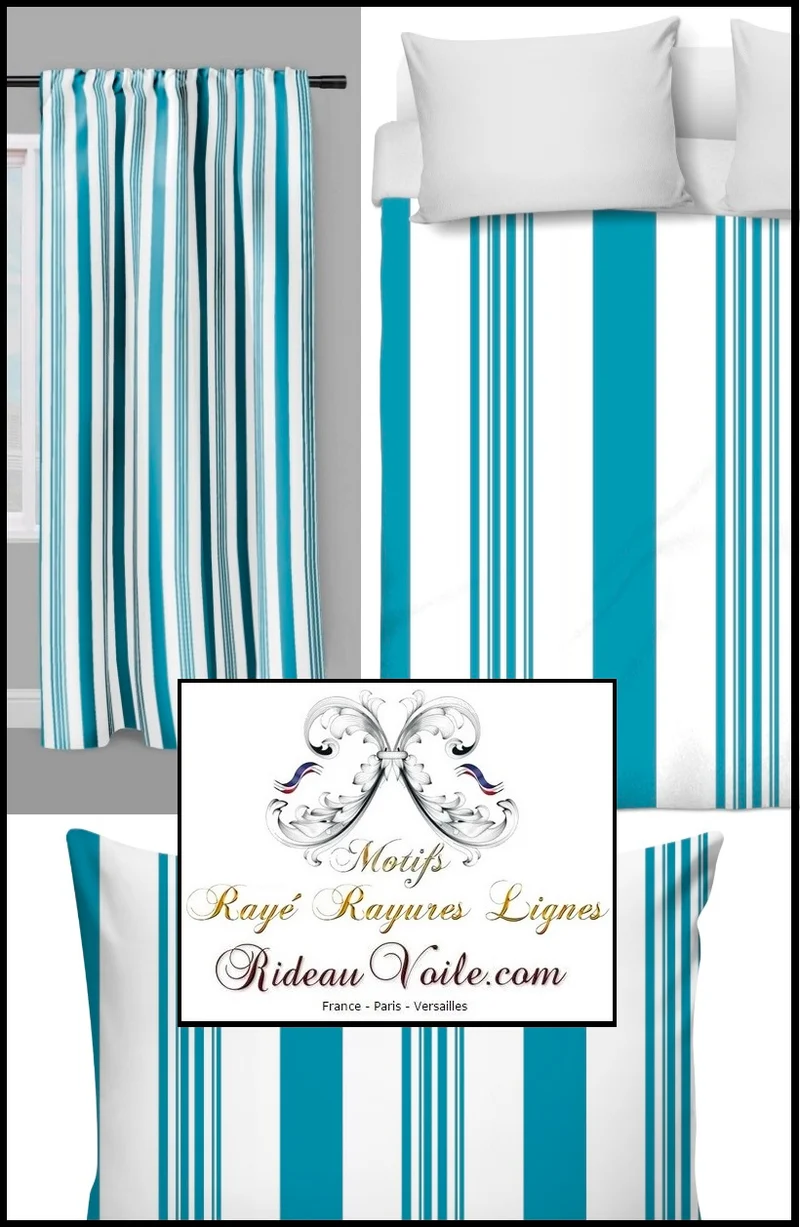 Tissu ameublement au mètre rayés rayures lignes rideaux tapisserie siège bleu turquoise