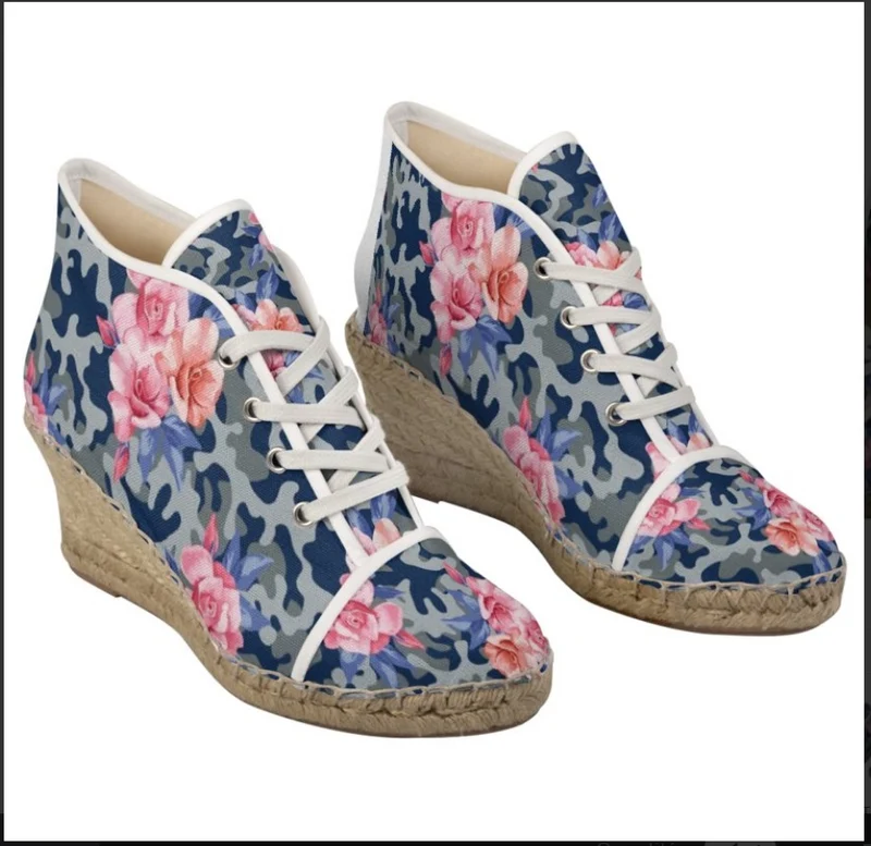 Espadrille compensée tissu motif camouflage militaire bleu rose