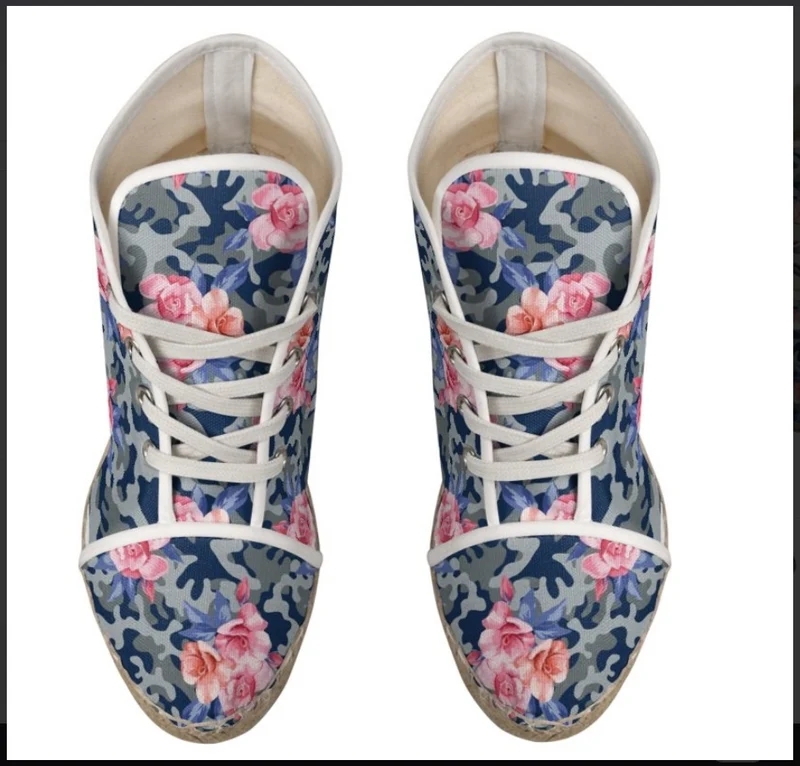 Espadrille compensée tissu motif camouflage militaire bleu rose