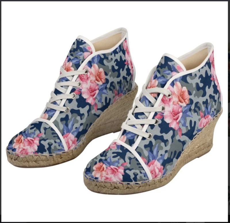 Espadrille compensée tissu motif camouflage militaire bleu rose