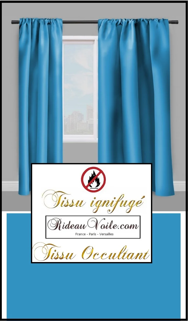 Tissu bleu turquoise déco textile ameublement rideau occultant ignifugé au mètre