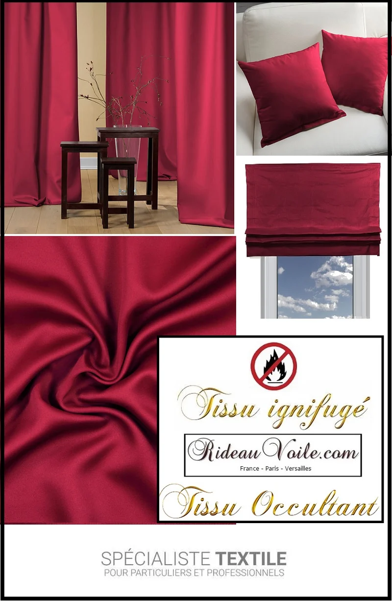 Tissu ameublement occultant rouge bordeaux ignifugé mètre rideau isolant phonique