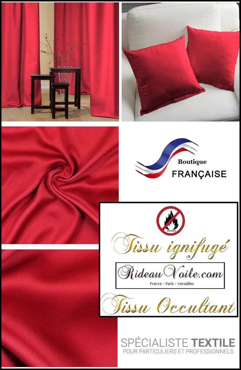 Tissu ameublement occultant rouge Ignifugé isolant thermique phonique mètre rideau