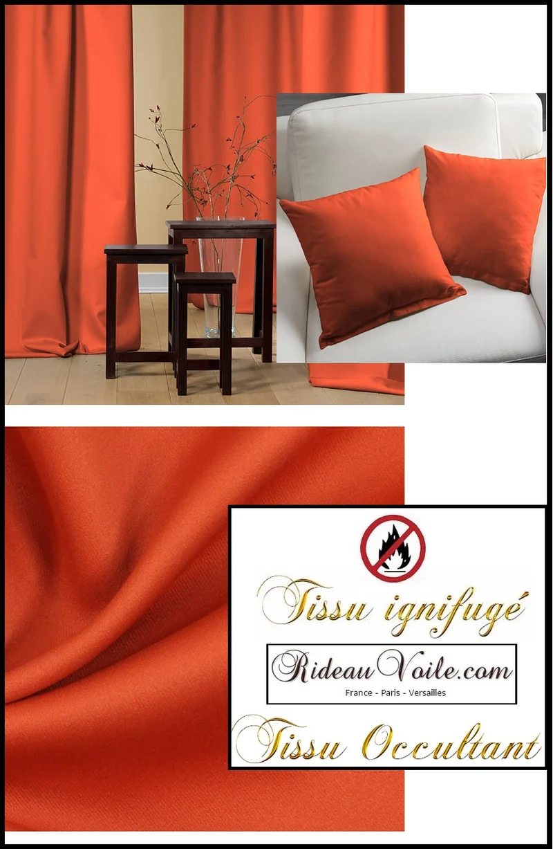 Tissu ameublement occultant rouge orange Ignifugé mètre rideau thermique phonique