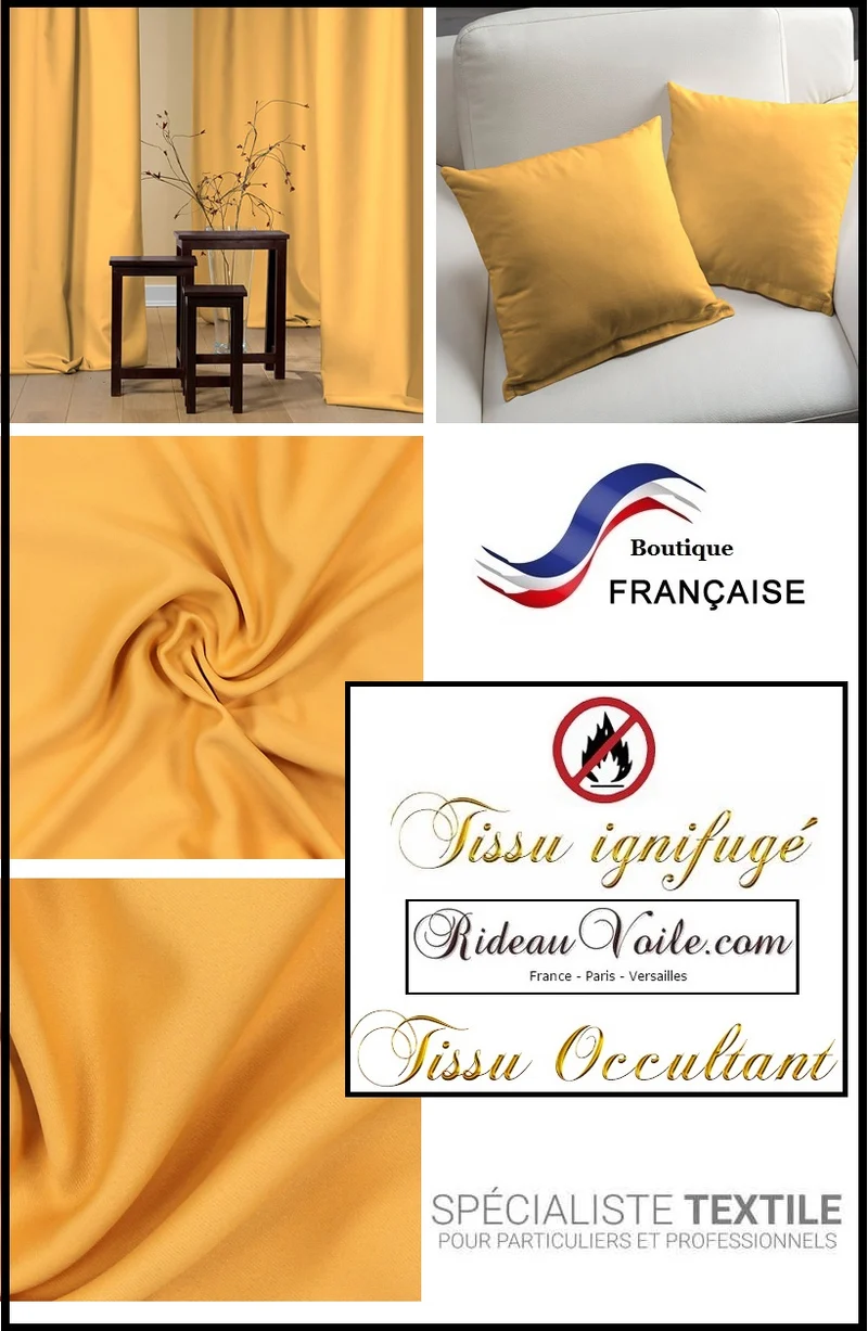 Tissu ameublement occultant Ignifugé jaune moutarde mètre rideau phonique thermique