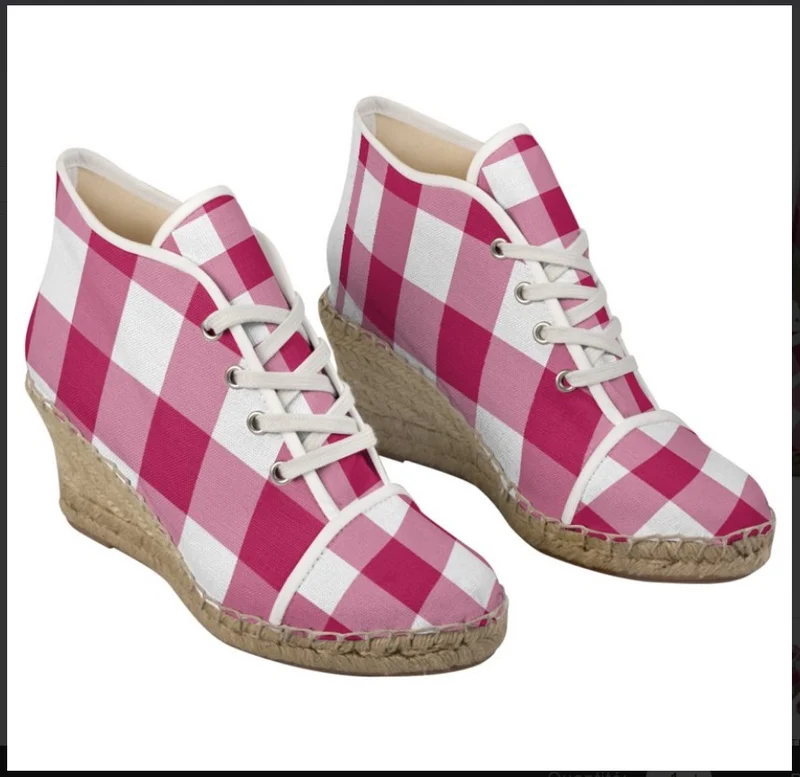 Espadrilles compensées tissu carreaux vichy rouge framboise