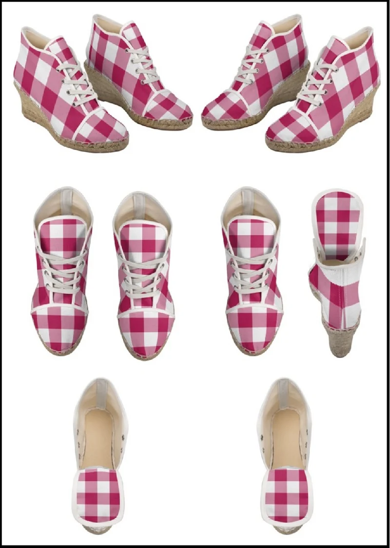 Espadrilles compensées tissu carreaux vichy rouge framboise