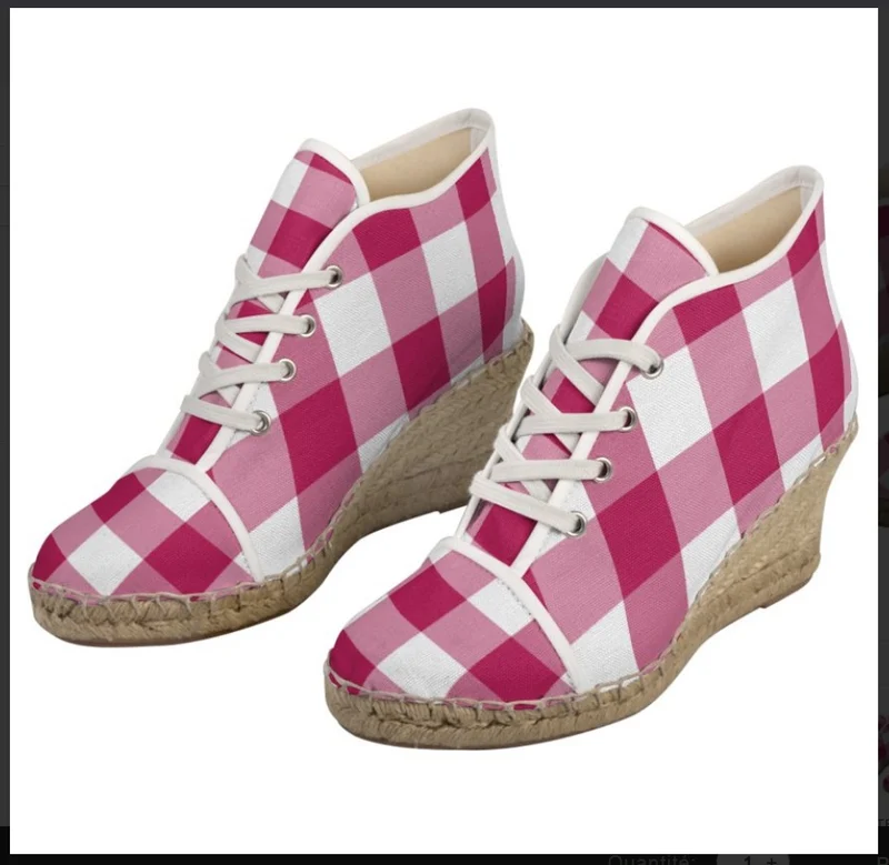 Espadrilles compensées tissu carreaux vichy rouge framboise