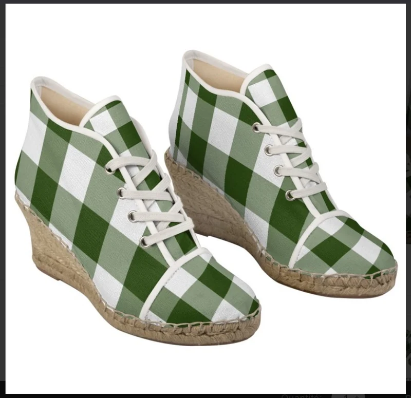 Espadrilles compensées tissu carreaux vichy vert