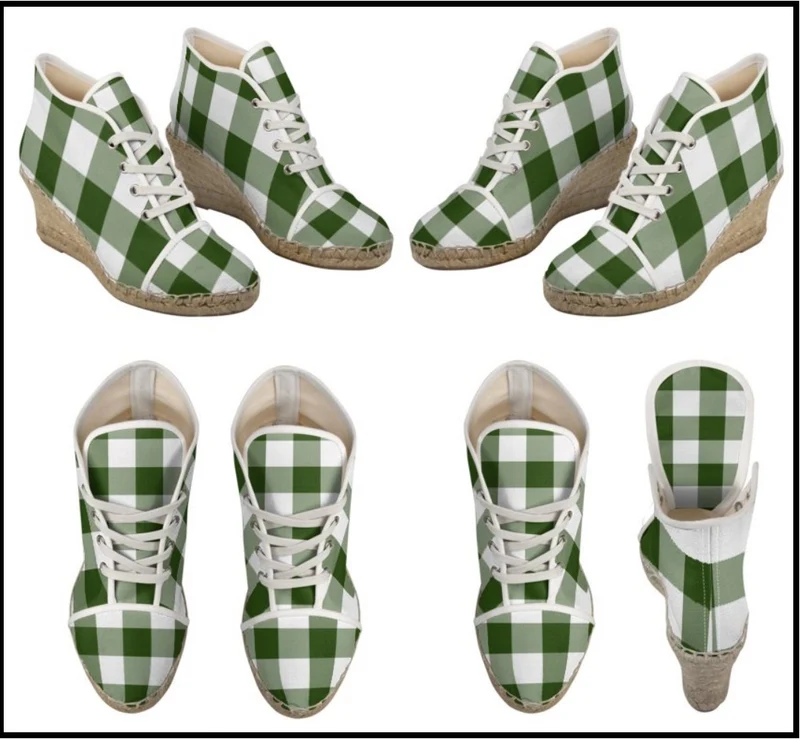 Espadrilles compensées tissu carreaux vichy vert