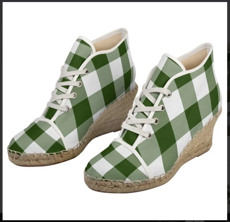 Espadrilles compensées tissu carreaux vichy vert