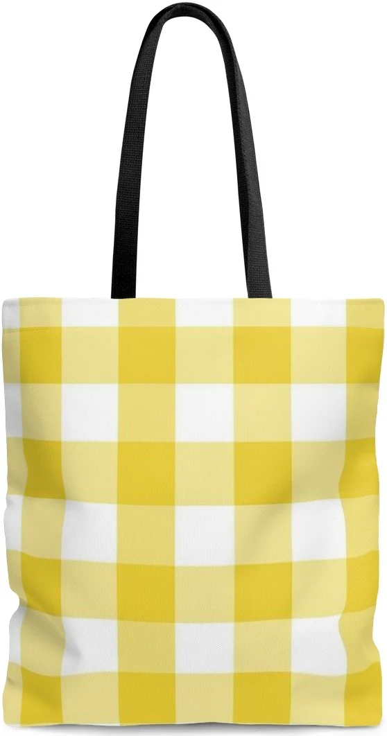 Sac à main cabas toile coton épaisse motif carreaux carrés imprimé vichy jaune blanc