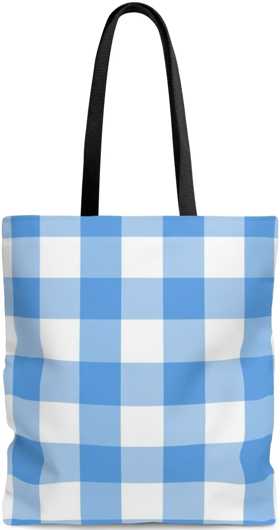 Sac à main cabas épaule toile coton motif carreau imprimés de carrés vichy bleu