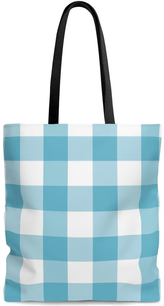 Sac à main cabas épaule toile de coton motif carreaux imprimés carrés vichy bleu
