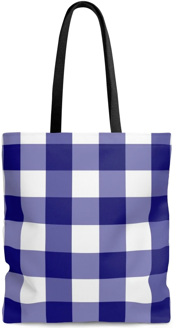 Sac à main cabas épaule toile coton motif carreau et carré imprimé vichy bleu