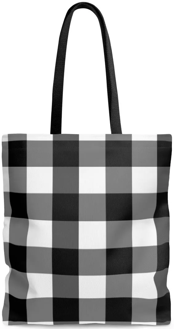 Sac à main cabas épaule en toile de coton motif carreaux vichy noir et blanc