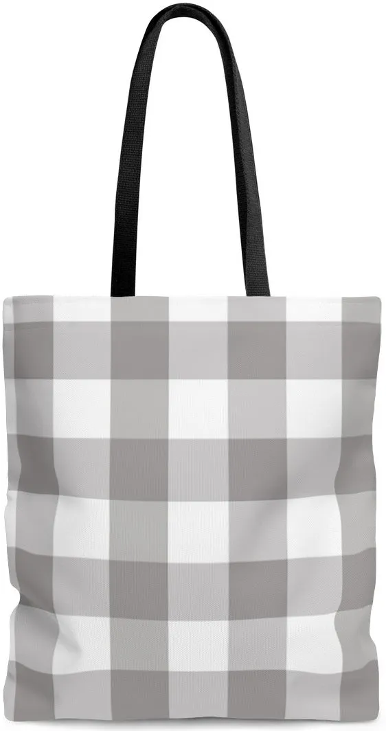 Sac à main cabas épaule toile de coton épaisse motif carreaux imprimé vichy gris blanc