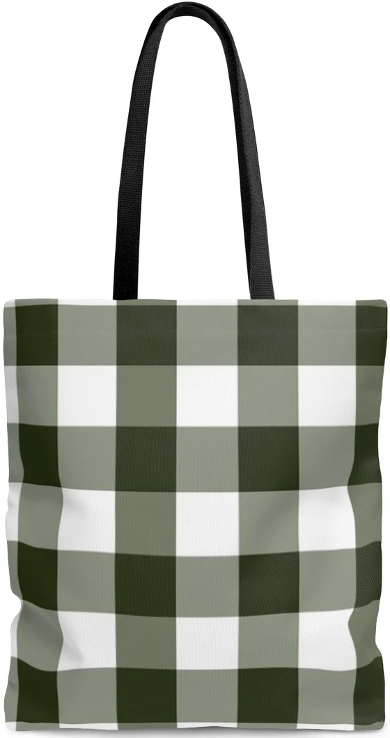 Sac à main cabas épaule toile coton motif carreaux imprimé carrés vichy vert blanc