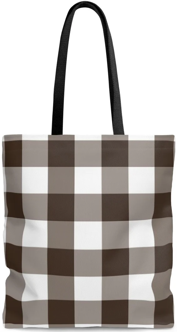 Sac à main cabas épaule toile coton motif carreaux imprimé vichy marron et blanc