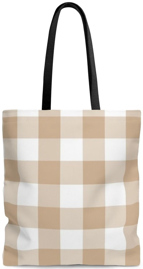 Sac à main cabas épaule toile coton motif carreaux imprimés vichy beige et blanc