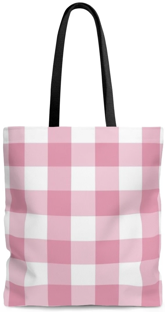 Sac à main cabas maroquinerie toile de coton carreaux imprimé vichy rose et blanc