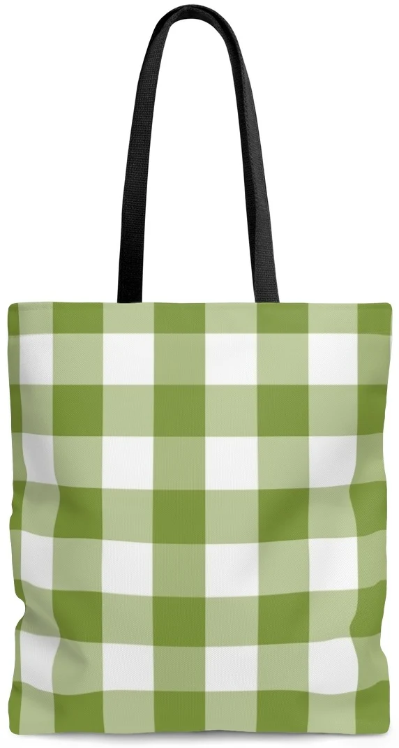 Sac à main cabas toile de coton motif carreaux imprimé vichy vert et blanc
