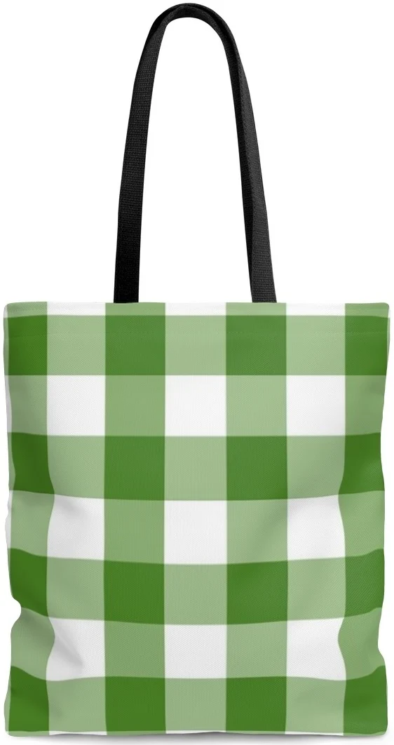 Sac à main de ville cabas toile de coton motif carreaux imprimé vichy vert blanc