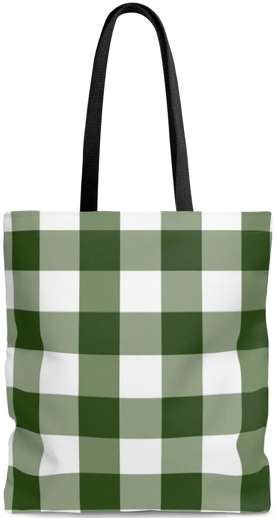Sac à main épaule cabas toile de coton épaisse motif carreaux imprimé vichy vert