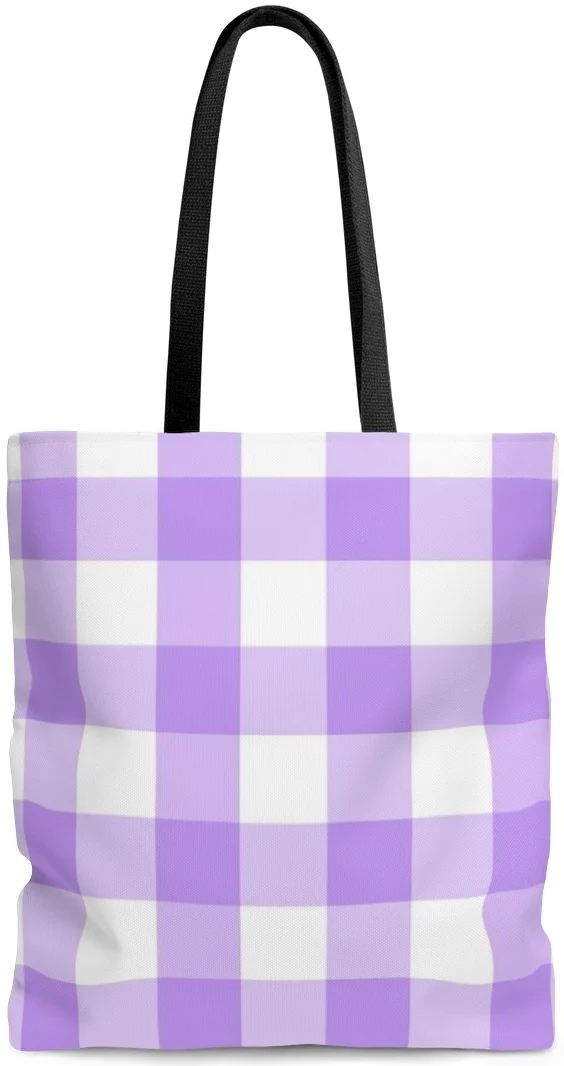 Sac à main épaule Maroquinerie cabas cuir motif carreaux imprimé vichy lilas blanc