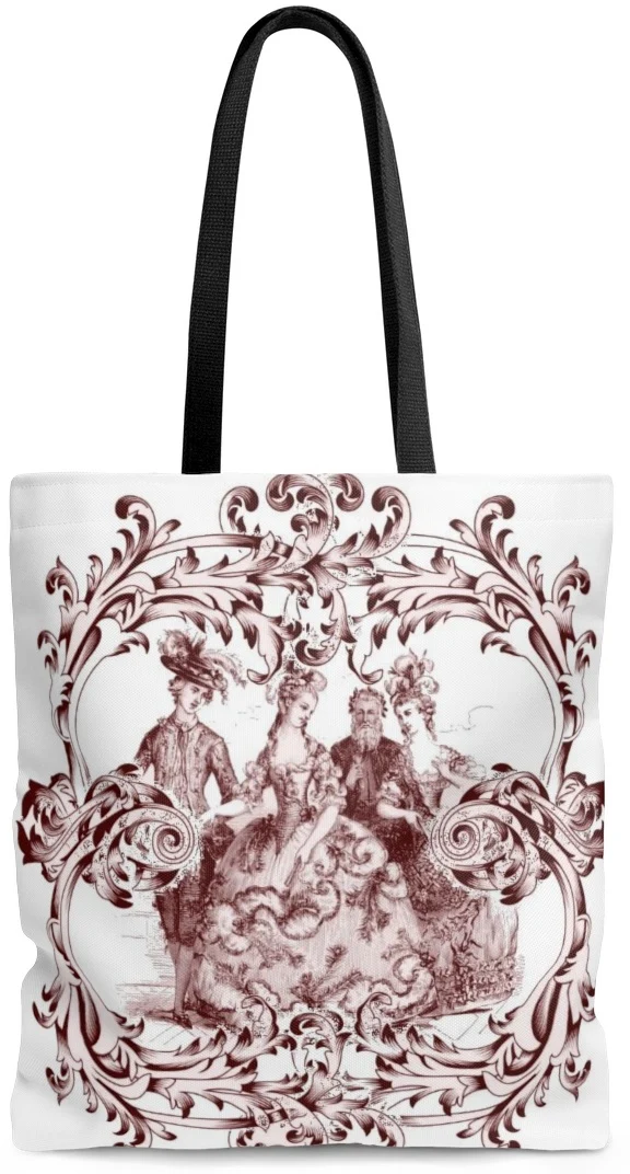 Toile Sac à main cabas motif imprimé Toile de Jouy Marie-Antoinette rouge sur coton