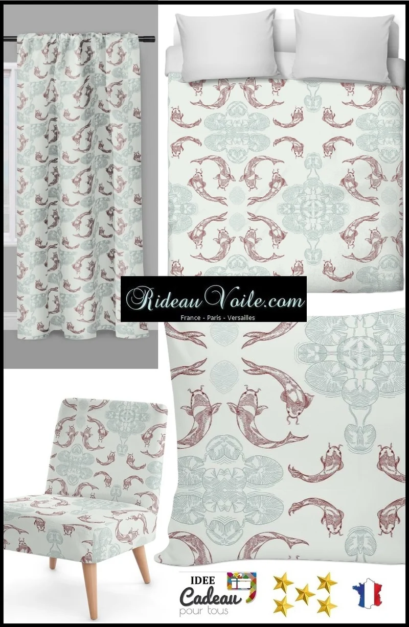 Tissu au mètre motif poisson Japonais Carpe Koï décoration ethnique rideau couette