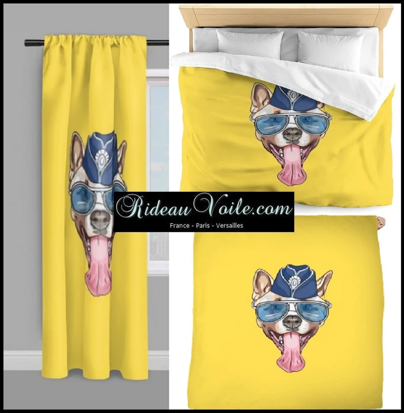 Tissu au mètre imprimé motif animal chien dog jaune rideau couette coussin