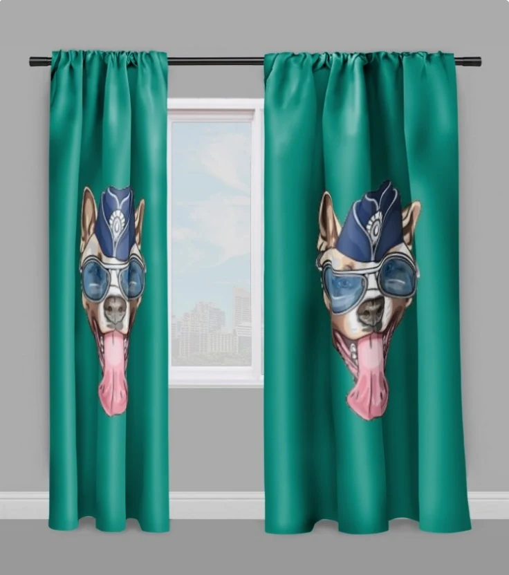 Tissu au mètre motif tête de chien hipster akita vert rideau couette coussin voilage