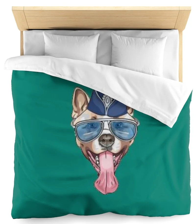 Tissu au mètre motif tête de chien hipster akita vert rideau couette coussin voilage