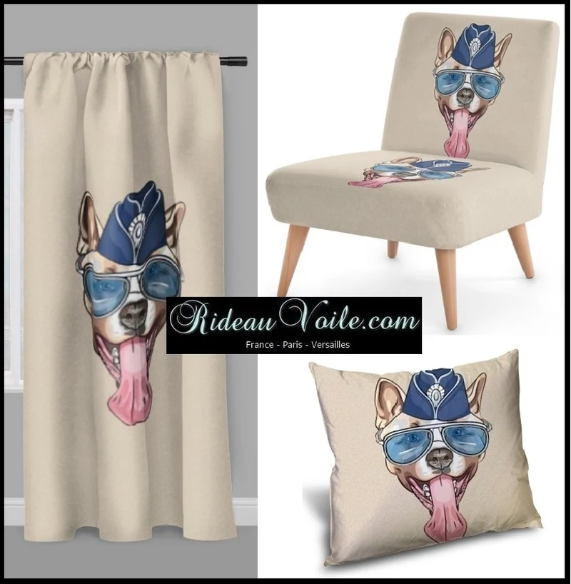 Tissu imprimé au mètre motif chien hipster akita beige rideau couette coussin