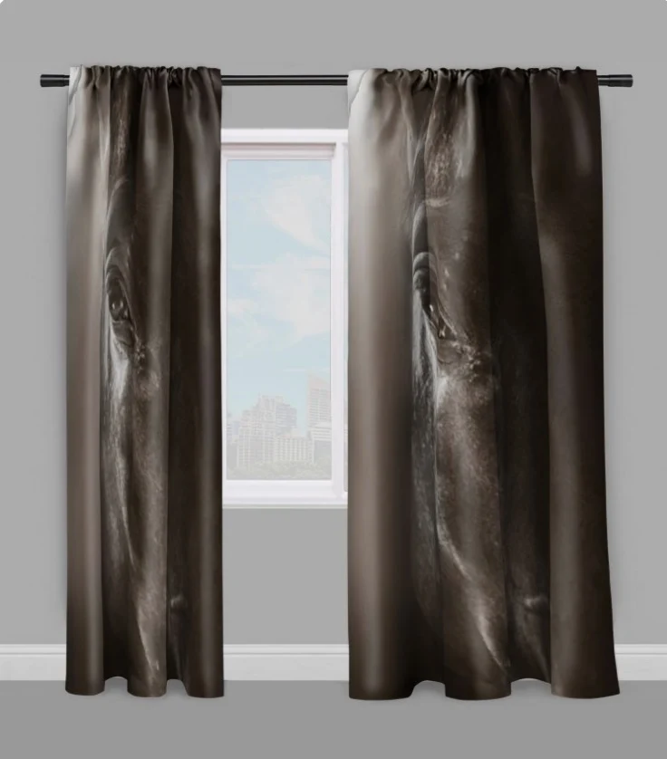 Tissu ameublement mètre motif tête cheval noir rideau couette coussin idée déco voilage