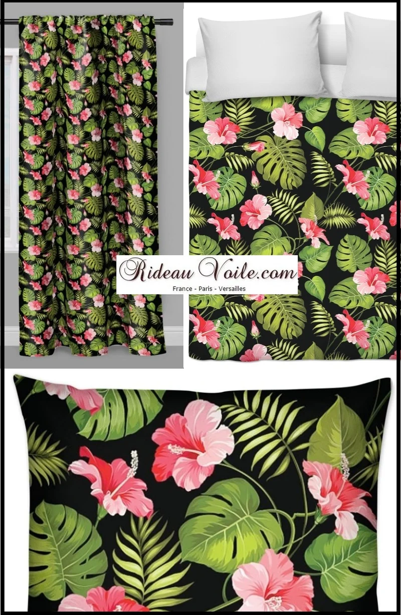Tissu noir au mètre motif feuille verte Tropical Exotique fleur rouge rideau couette coussin