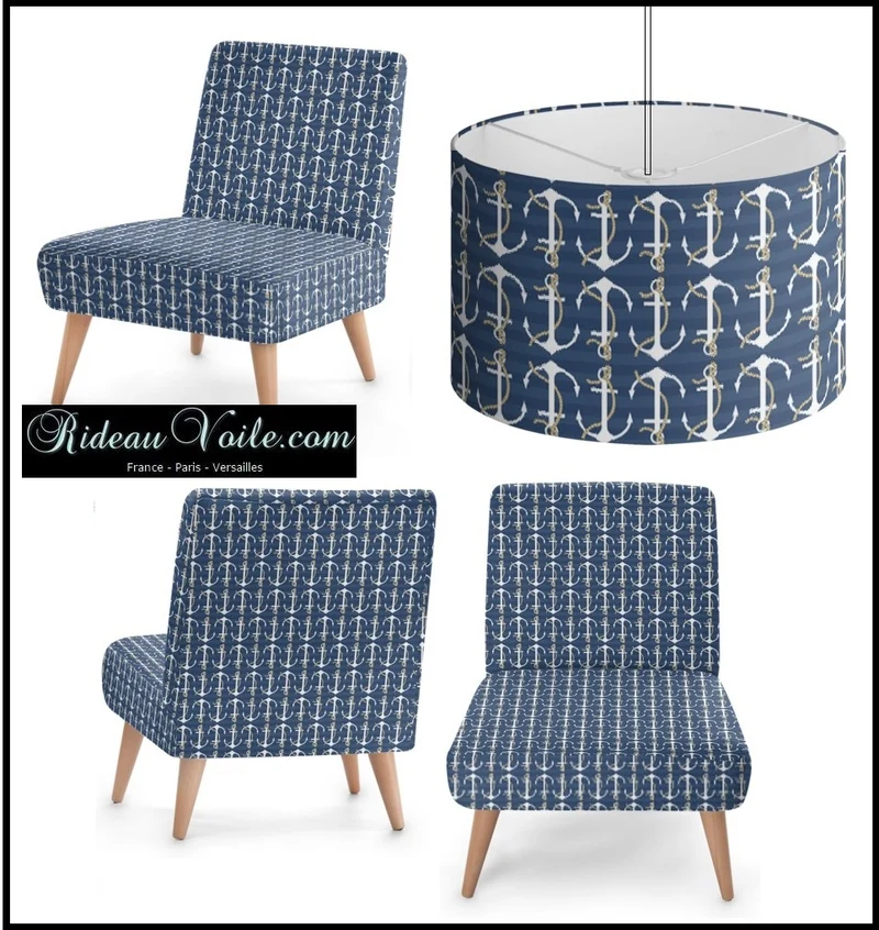 Tissus ameublement mètre rideau rayé Motif Marin Ancre bateau French fabrics Marine