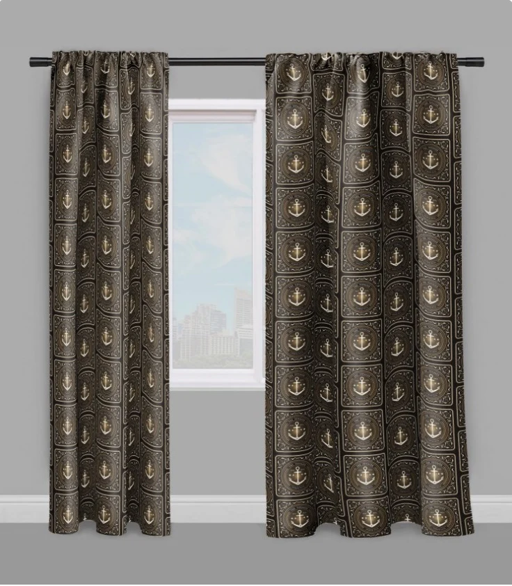 Tissu ameublement au mètre rideau imprimé Ancre Motif Marin design Baroque noir