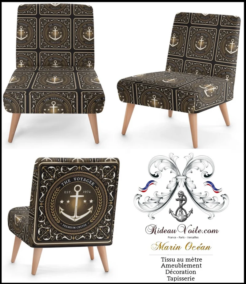 Tissu ameublement au mètre rideau imprimé Ancre Motif Marin design Baroque noir