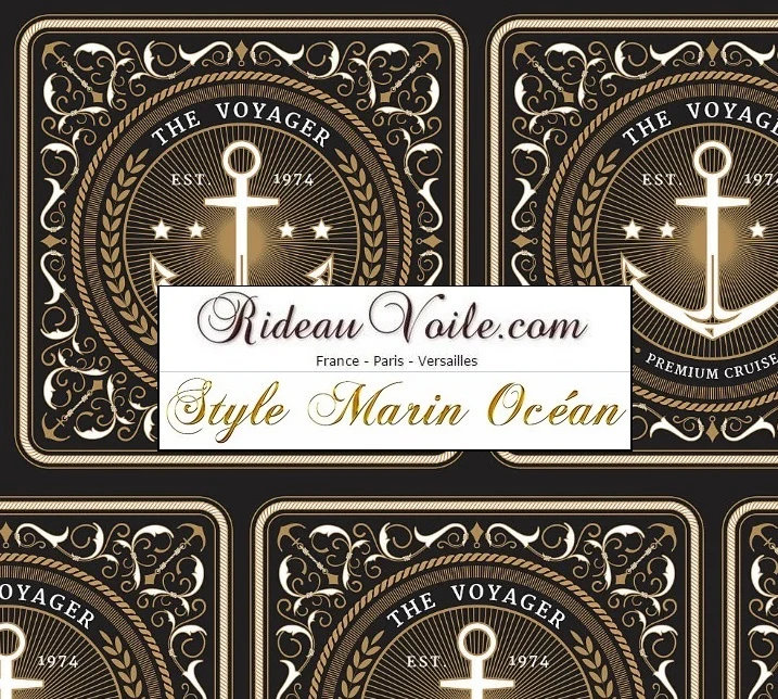 Tissu ameublement au mètre rideau imprimé Ancre Motif Marin design Baroque noir