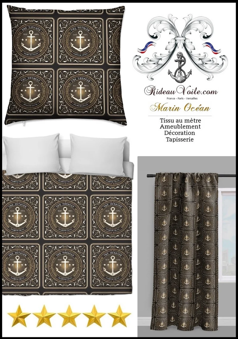 Tiss ameublement mètre Ancre Baroque noir Motif style Marin