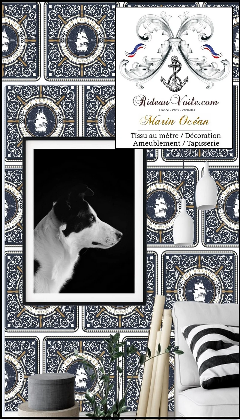 Motif Marin Ancre baroque bleu Tissu au mètre rideau coussin couette bateau marine