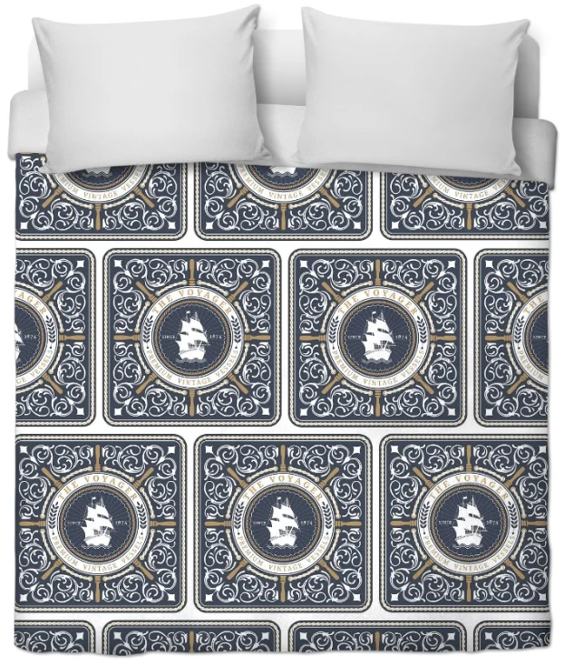 Motif Marin Ancre baroque bleu Tissu au mètre rideau coussin couette bateau marine