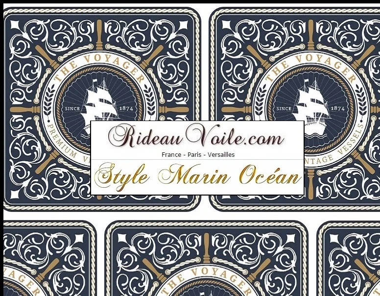 Motif Marin Ancre baroque bleu Tissu au mètre rideau coussin couette bateau marine