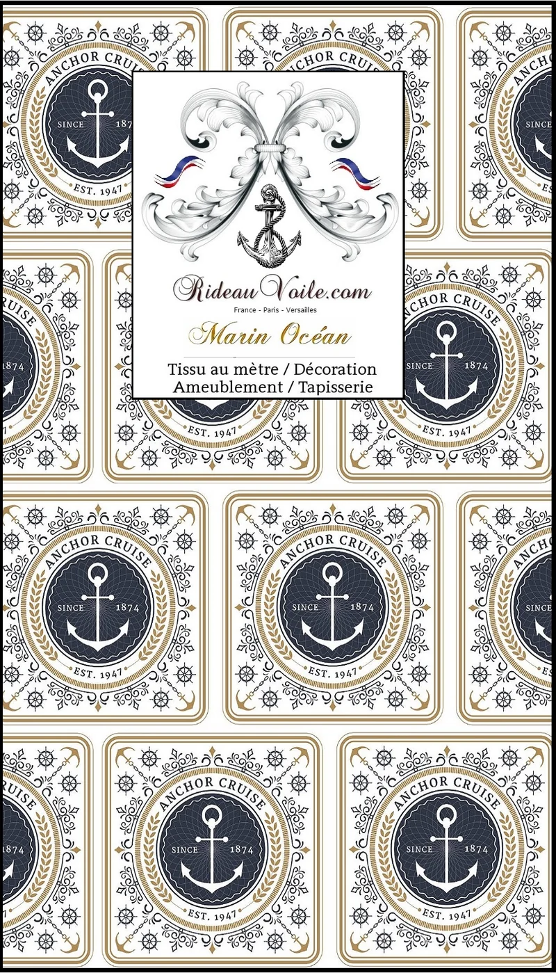 Motif Marin Ancre baroque Or bleu Tissu au mètre rideau coussin couette décoration