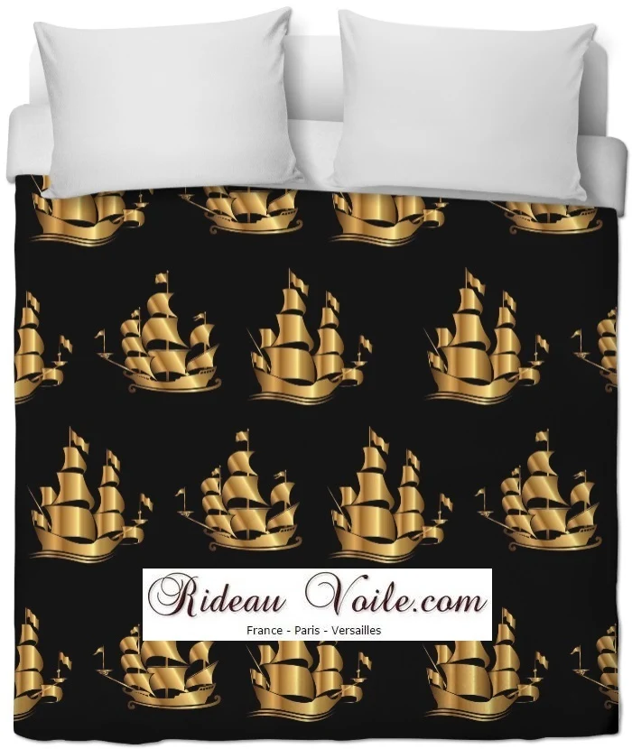 Tissu ameublement mètre rideau coussin couette motif Marin Bateau Navire or doré noir