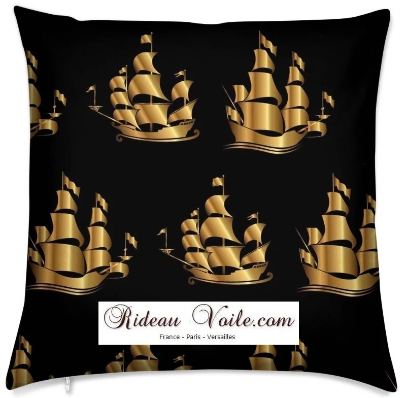 Tissu ameublement mètre rideau coussin couette motif Marin Bateau Navire or doré noir